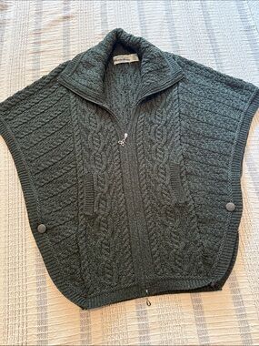 Aran Crafts Cable Knit Zip Front Poncho - Dark Green